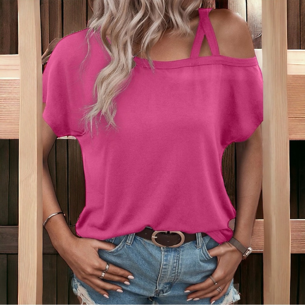 Rose Asymmetric Criss Cross Cold Shoulder T-Shirt